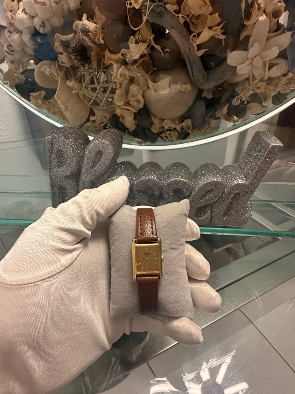 Seiko Gold-Tone Rectangular Dial Watch with new Brown Leather Strap